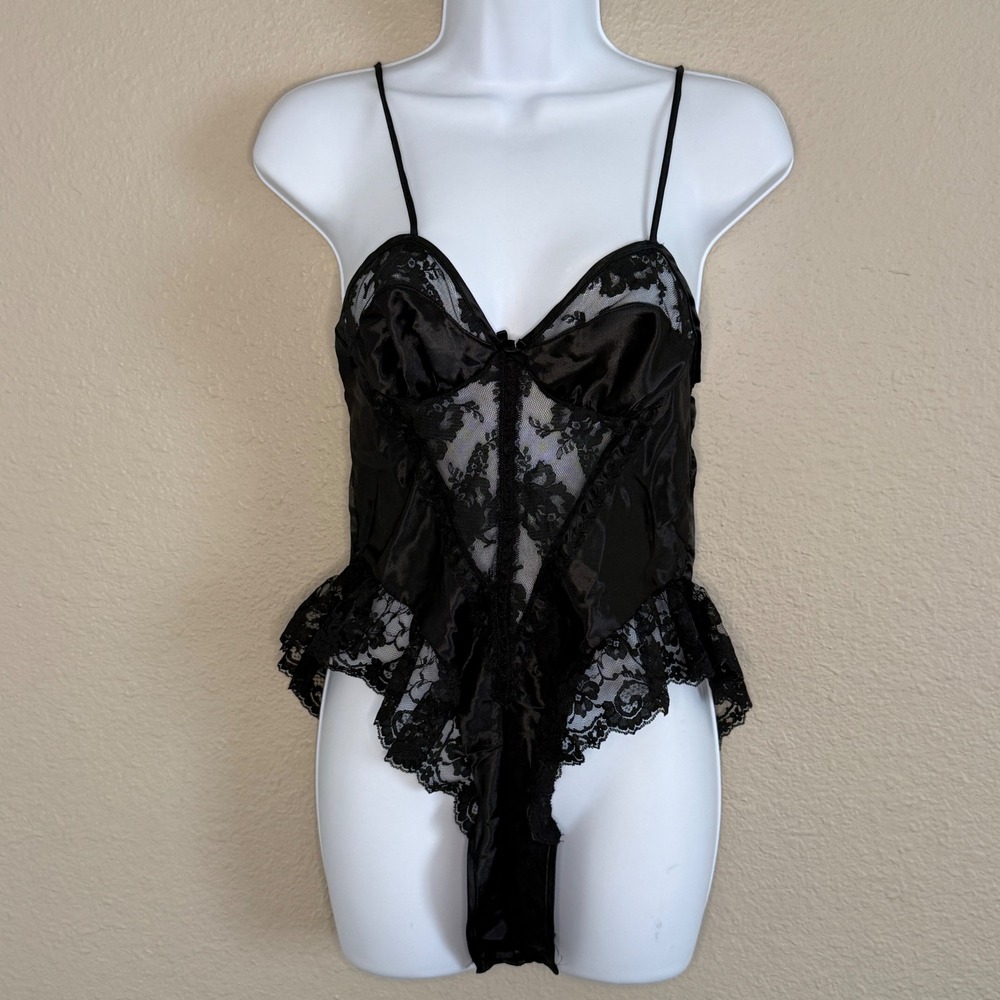 Vintage Whimsigoth Fairy Grunge Coquette Black Satin Teddy Lace Ruffle Small